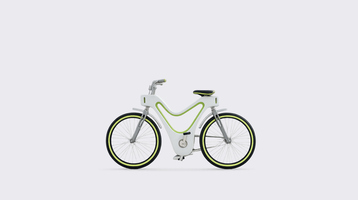 Kids bike that grows with them: adjustable white and green frame, side profile view