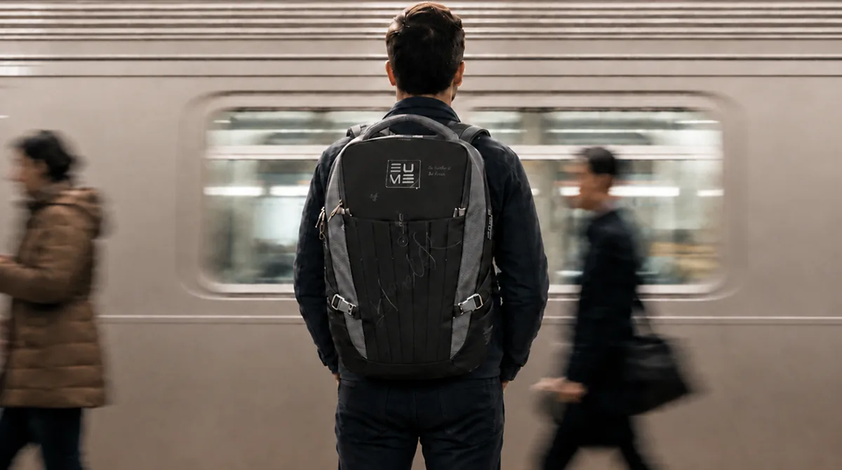 Human centric designer backpack in daily use, padded straps and structured black shell