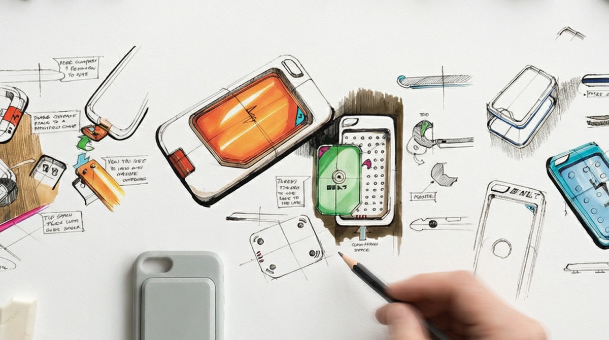 Hardware product development process shown through detailed industrial design sketches