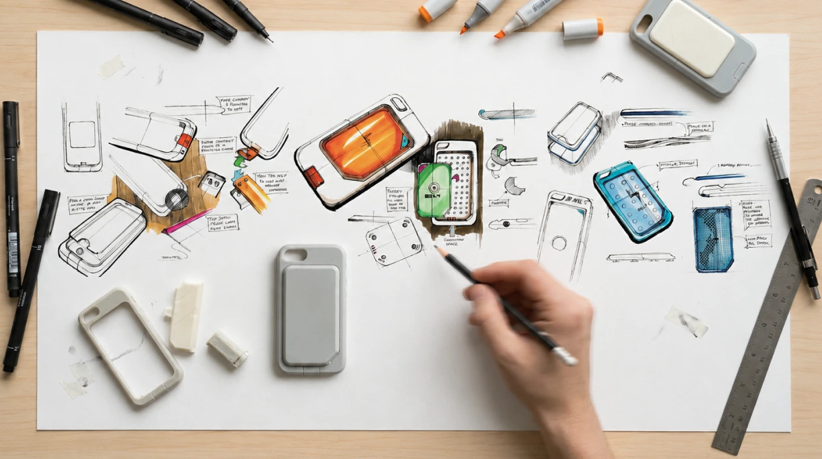 Hardware product development process in action, designer sketching a device concept