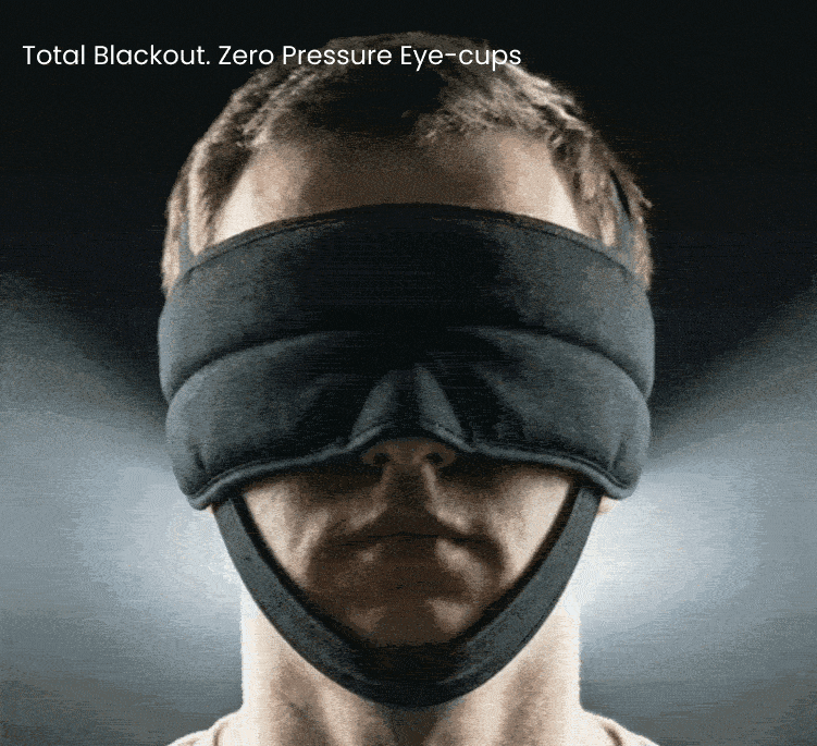 Animation of the Sleepmaxxer sleep mask's contoured memory-foam eye cups showing their deep, zero-pressure cushioning
