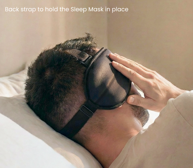 Man resting on his side while wearing the Sleepmaxxer sleep mask, showing its low-profile comfort for side sleepers