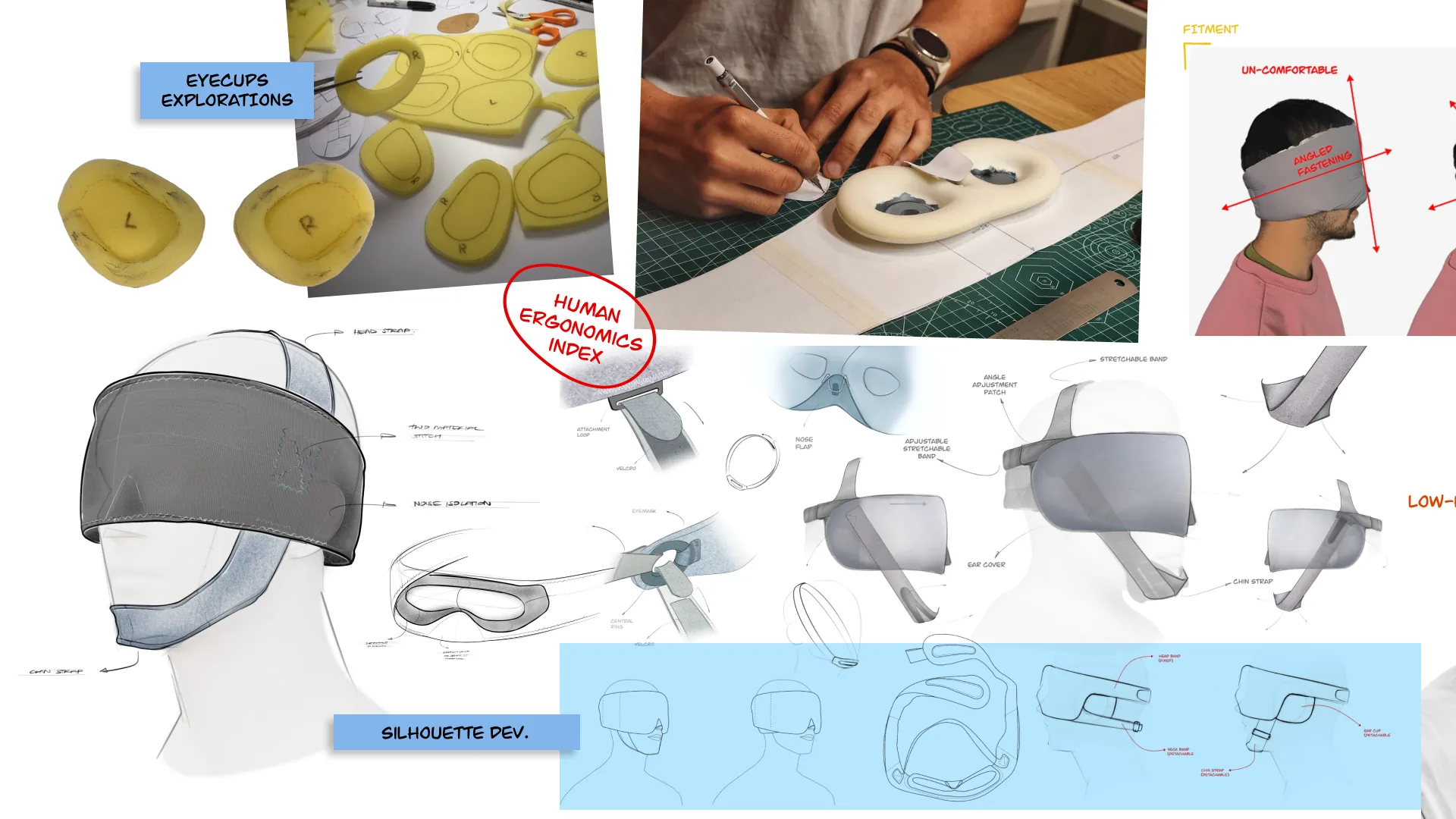 Early Sleepmaxxer concept sketches and foam eyecup studies from the GeniYes product-design process