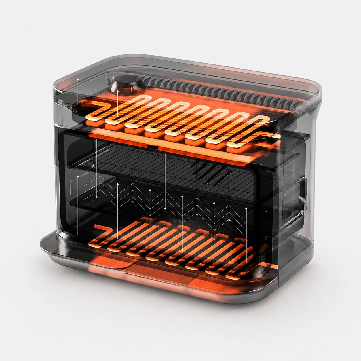 Glass-walled air fryer with glowing heating elements