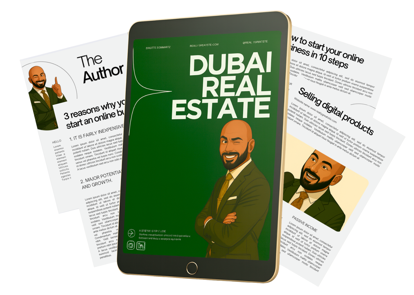 Tablet displaying a digital guide titled 'Dubai Real Estate' with an illustrated man in a suit smiling and crossing his arms, surrounded by pages of an online business eBook.