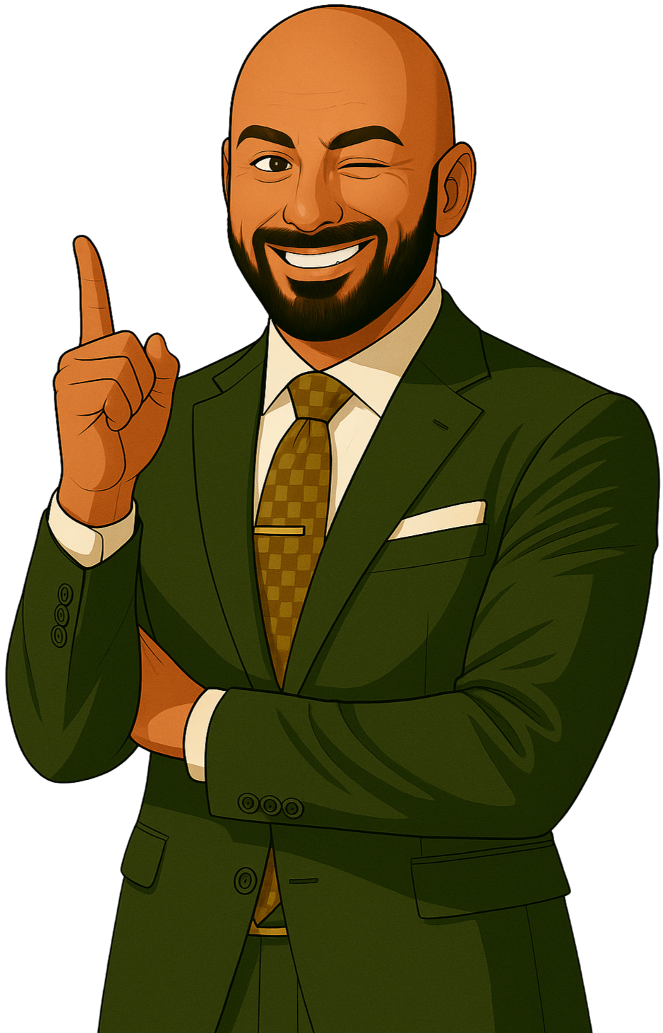 Illustration of a bald man with a beard in a green suit, smiling and winking while raising his index finger.