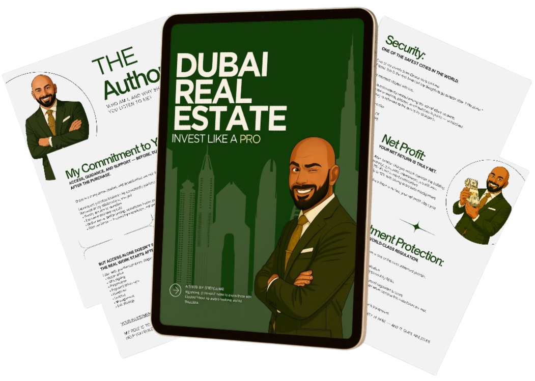 Tablet displaying a digital guide titled 'Dubai Real Estate' with an illustrated man in a suit smiling and crossing his arms, surrounded by pages of an online business eBook.