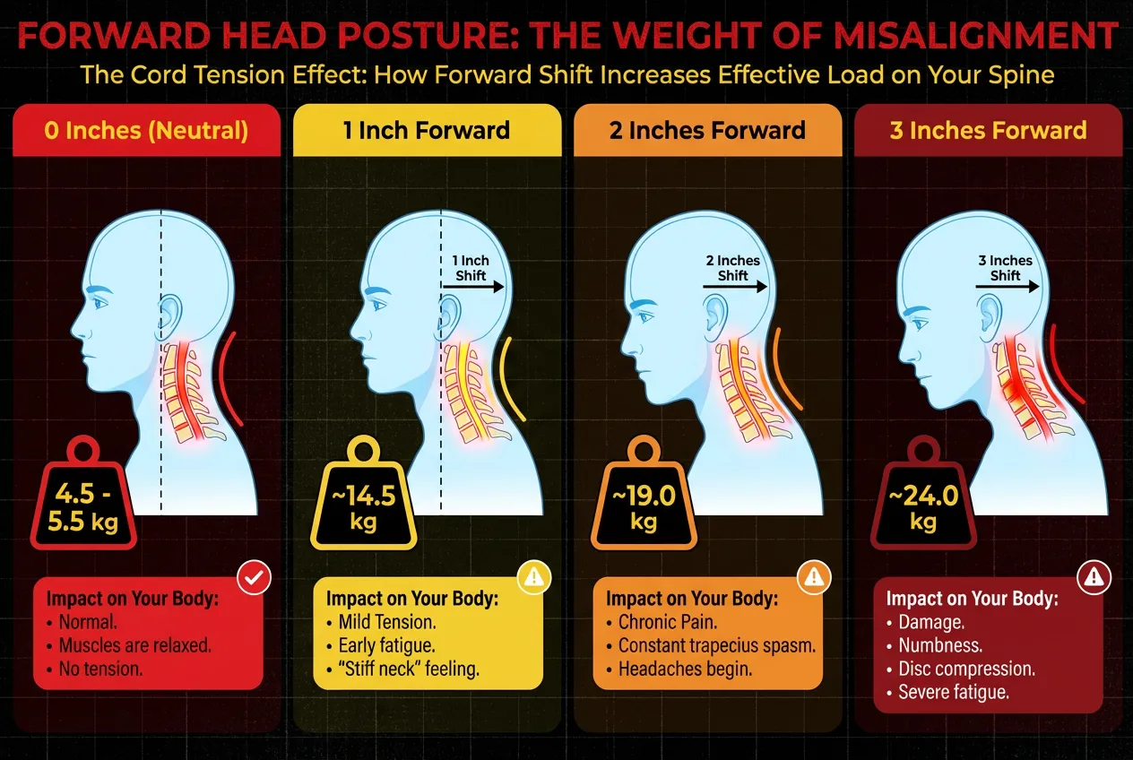 Infographic showing the vicious cycle of upper back pain: from structural dysfunction and muscle compensation to chronic shoulder blade pain and work stress