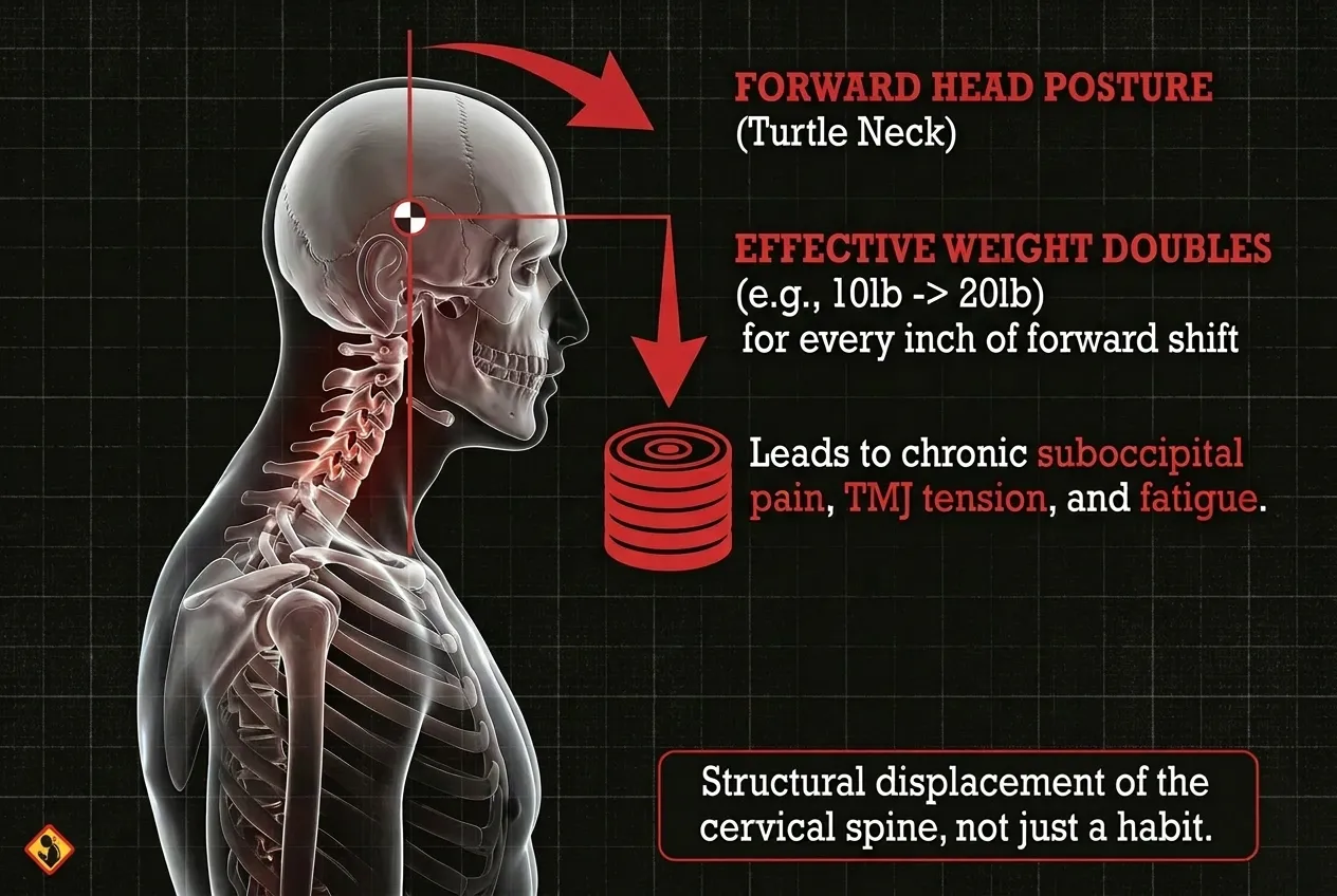 Infographic showing the vicious cycle of upper back pain: from structural dysfunction and muscle compensation to chronic shoulder blade pain and work stress