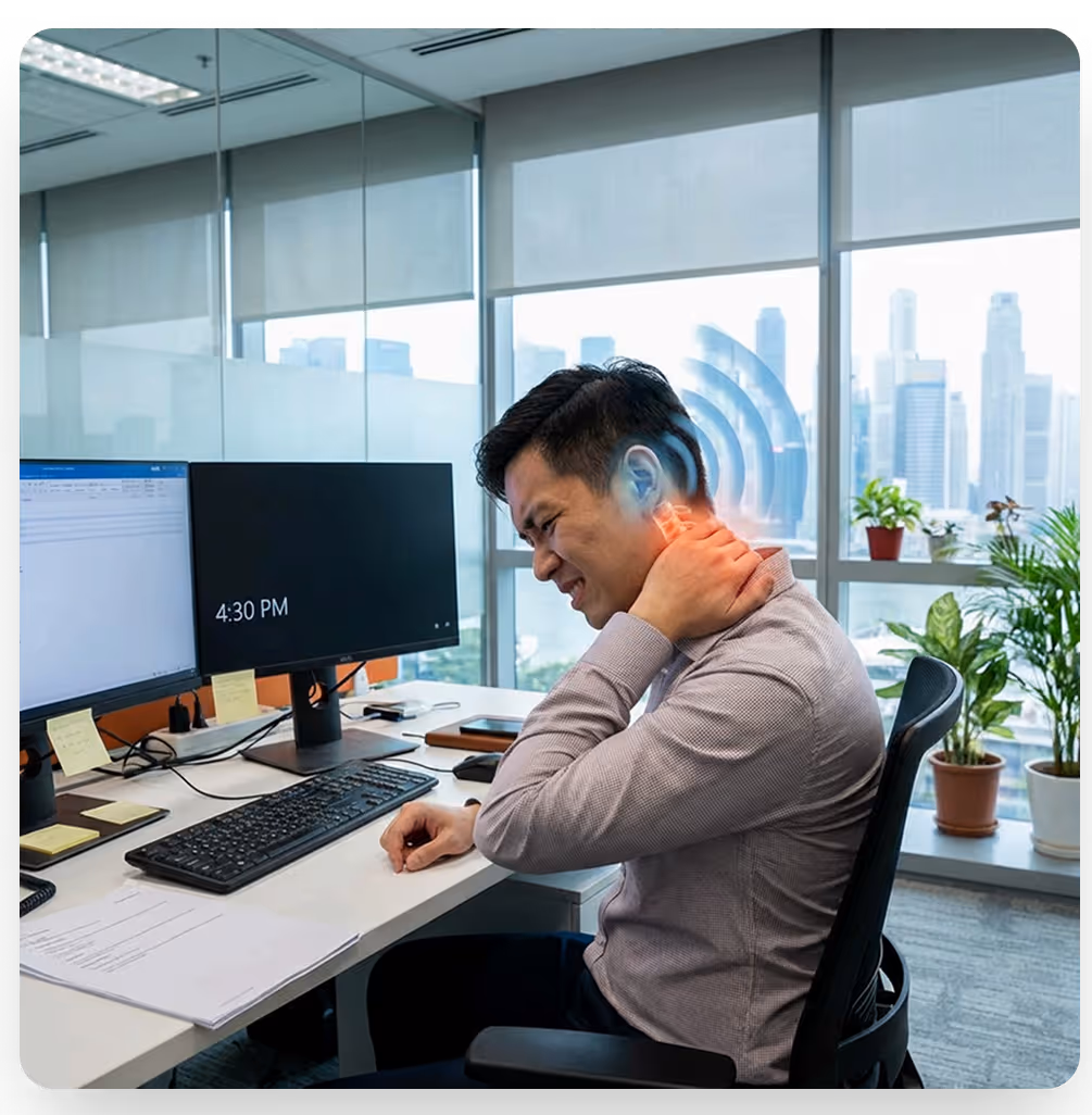 Office worker in a Singapore’s workplace, grimacing from severe neck pain and corresponding loud ear ringing ('Tech Neck' Tinnitus). Visualizes the link between prolonged poor WFH posture at a desk, stiff neck muscles, and the onset of debilitating somatic ear noises like buzzing and ringing