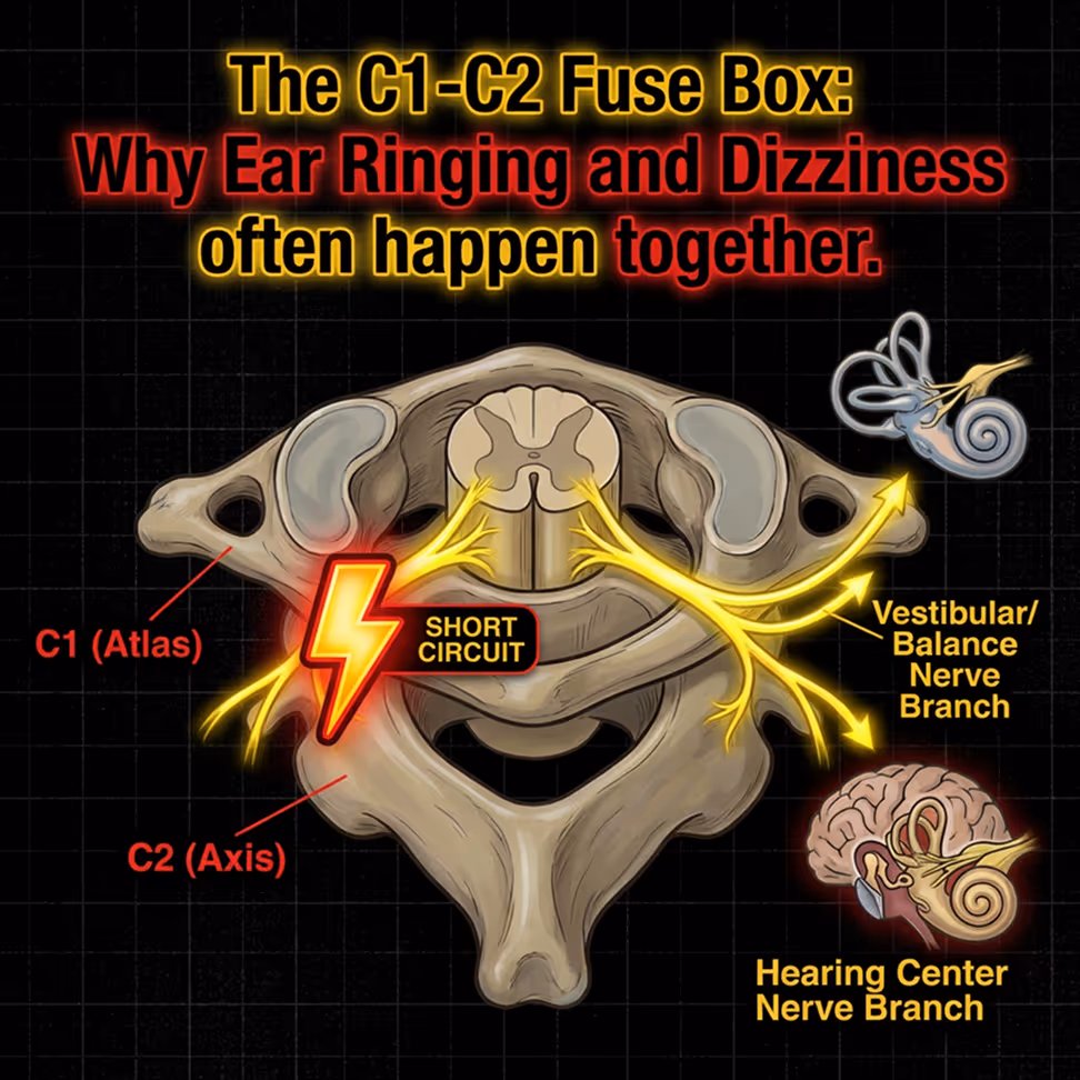 Medical illustration of the C1 Atlas and C2 Axis joint fuse box, showing how an upper cervical nerve short circuit simultaneously pinches the vestibular balance nerve branch and hearing center nerve branch, causing simultaneous dizziness and ear ringing