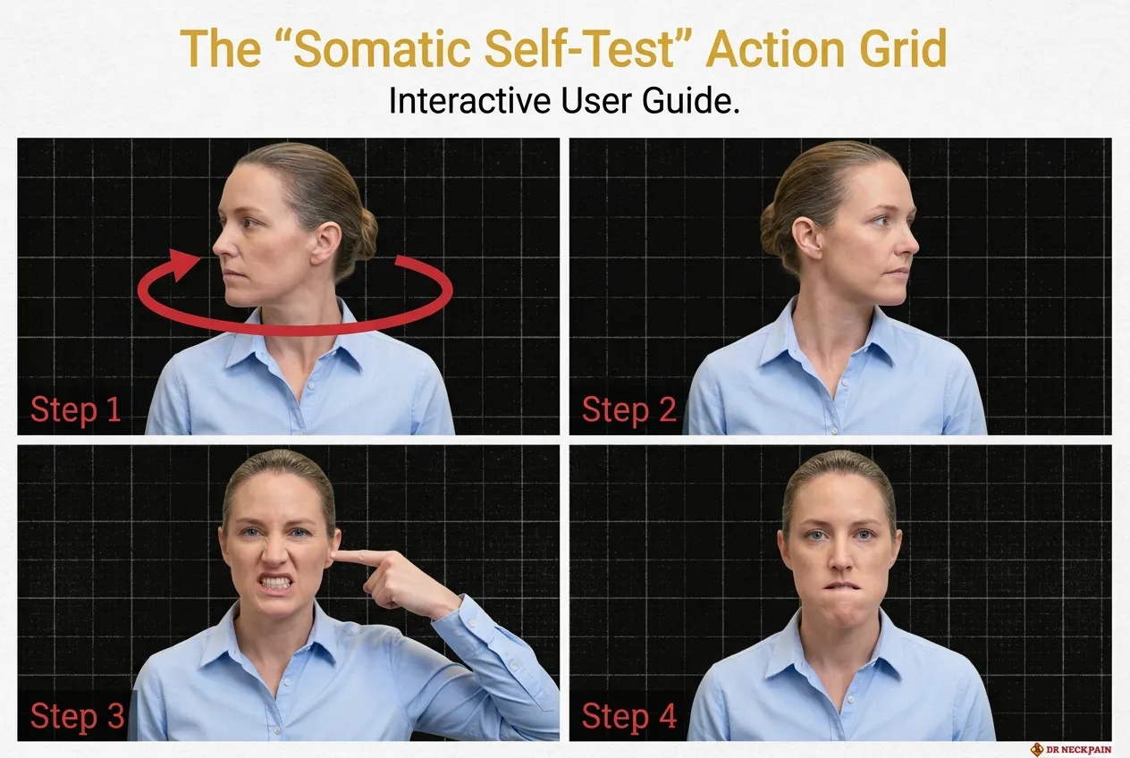 Interactive 4-step somatic tinnitus self-test guide showing movements like neck rotation, head tilting, and jaw clenching to determine if your ear ringing is caused by cervical spine misalignment or TMJ issues in Singapore