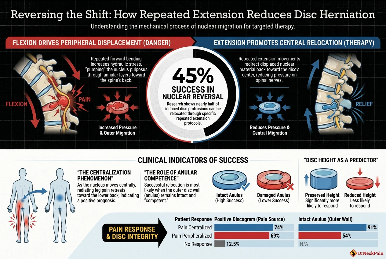 Clinical data chart detailing a 45 percent success rate in nuclear reversal of herniated discs through targeted extension and centralisation therapy