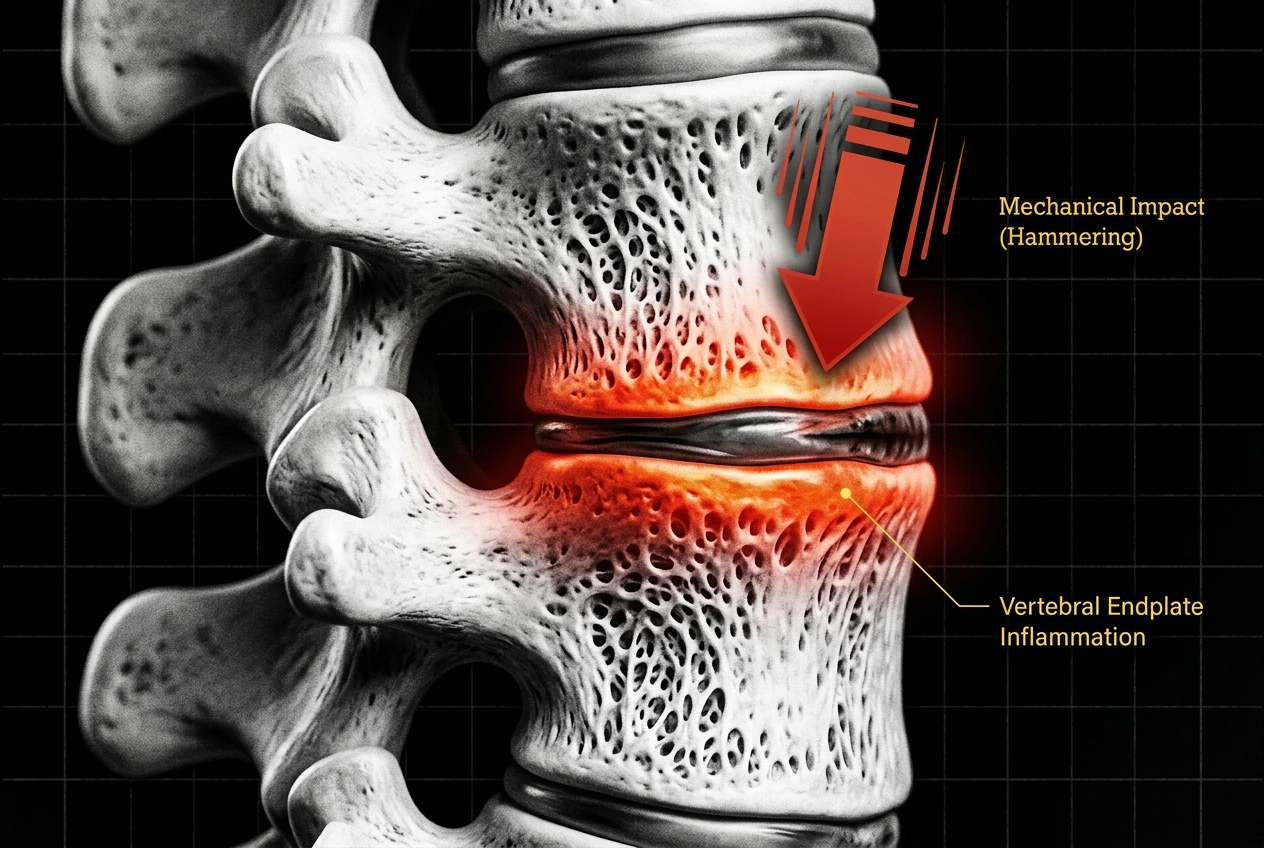  Close-up anatomical 3D rendering of vertebral endplate inflammation caused by chronic mechanical hammering and pressure from a thinning spinal disc