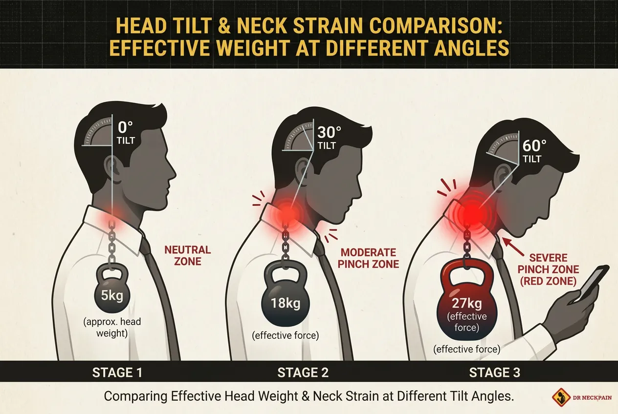 Infographic showing the weight of the head at different tilt angles, showing how a 60-degree forward shift creates 27kg of pressure on the spine, leading to Office Syndrome in Singapore