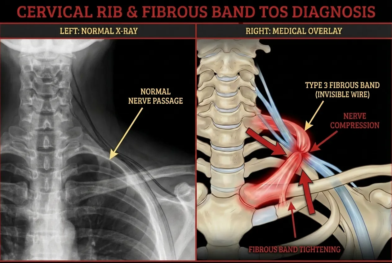 Side-by-side medical comparison of a normal neck X-ray versus a medical overlay showing type 3 fibrous band tightening and nerve compression for a TOS diagnosis in Singapore