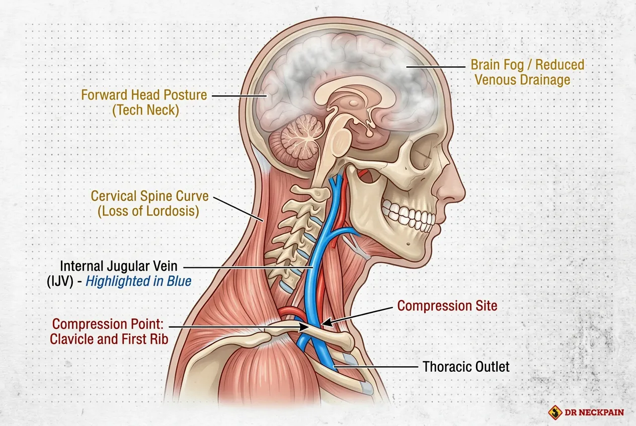 Medical infographic showing how forward head posture and tech neck restrict the internal jugular vein and venous drainage, causing brain fog for corporate professionals in Singapore