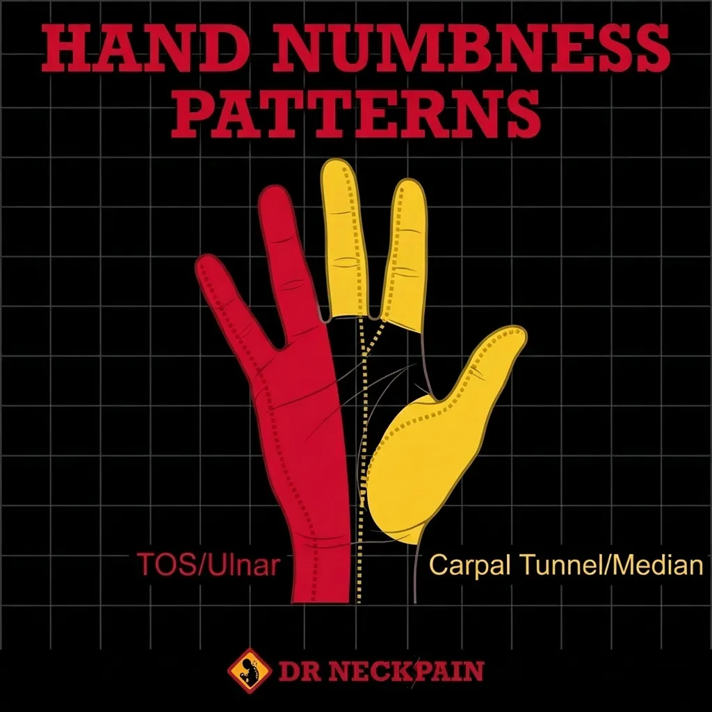 Hand map showing the difference in numbness patterns between Thoracic Outlet Syndrome and Carpal Tunnel.Diagnostic hand map chart showing finger numbness patterns comparing thoracic outlet syndrome ulnar nerve tracking versus carpal tunnel median nerve paths