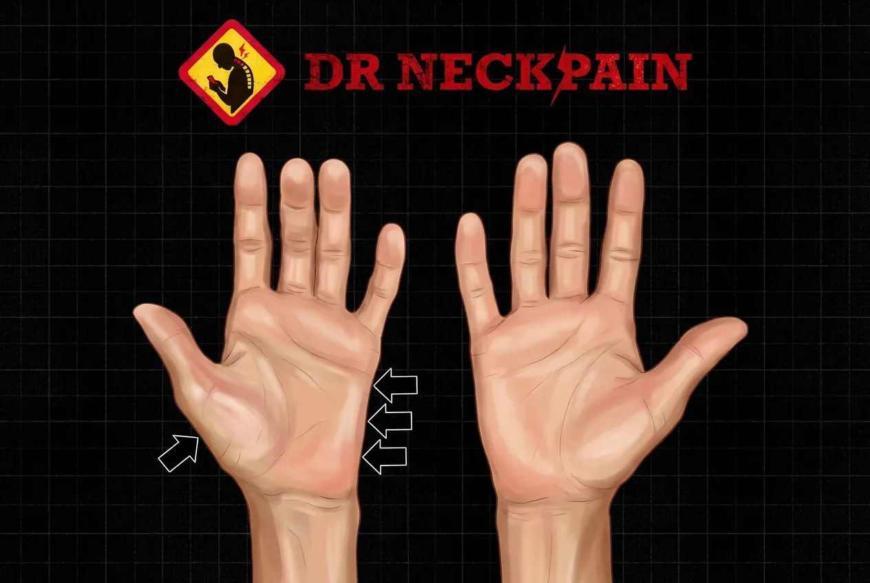 Anatomical illustration of clinical signs of muscle wasting and atrophy in the hand caused by chronic pinched nerves and severe thoracic outlet syndrome from desk work in Singapore