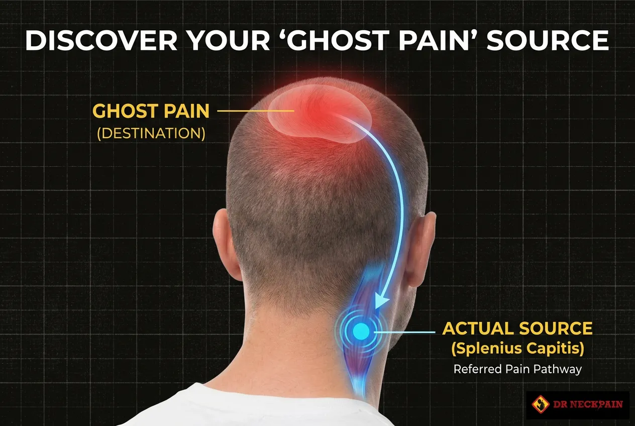 Anatomical diagram showing a referred pain pathway from a trigger point in the splenius capitis neck muscle leading to a red ghost pain destination zone at the top crown of the head.