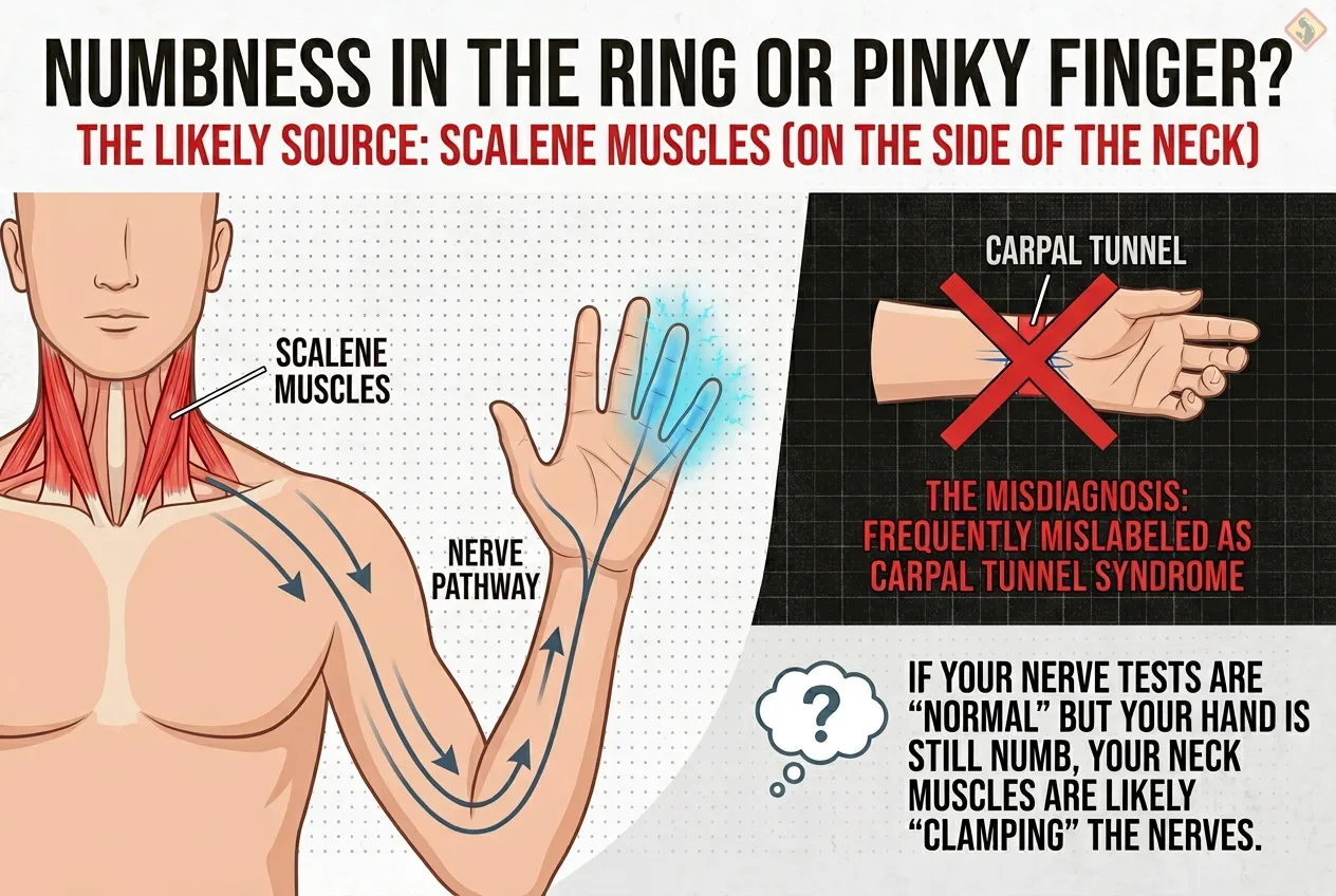An informational medical chart displaying how tight scalene neck muscles clamp down on a nerve pathway, causing burning numbness specifically in the ring and pinky fingers, contrasting it against wrist-based carpal tunnel misdiagnosis.