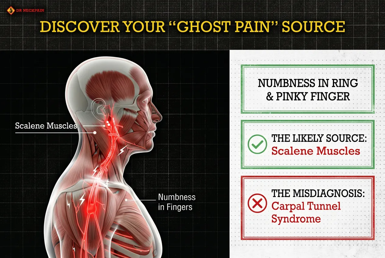 A lateral anatomical view of the neck showing inflamed scalene muscles compressing the brachial plexus nerve bundle, sending red pain pathways down to a numb hand, indicating an accurate thoracic outlet syndrome diagnosis over carpal tunnel