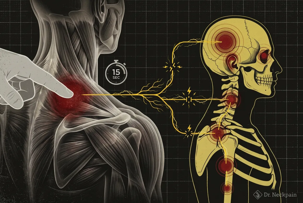 Diagnostic illustration showing a finger applying pressure to an upper neck trigger point for 15 seconds, tracing an electrical nerve pathway that refers pain to the neck, shoulder, temple, and behind the eye.