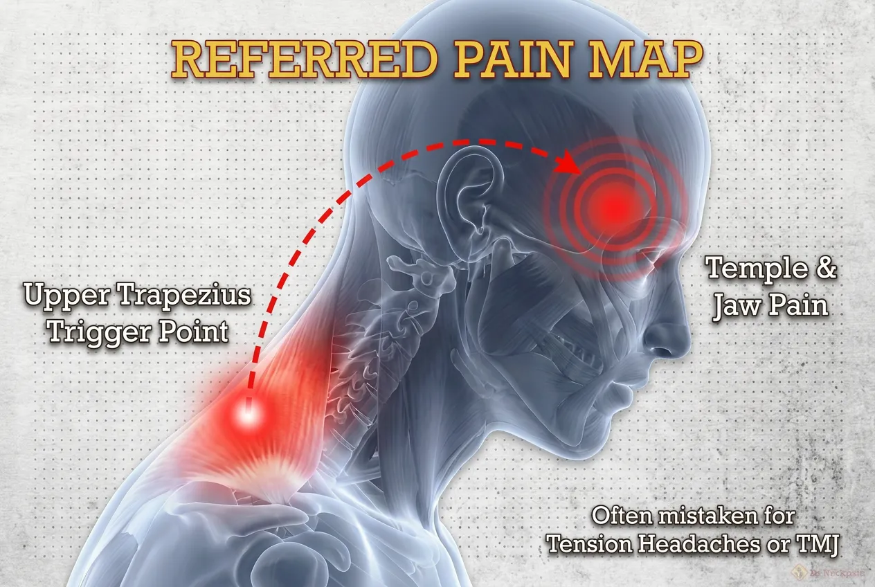 Medical illustration detailing how a hyperirritable upper trapezius muscle knot sends referred pain radiating upward into the neck, jaw, and base of the skull.
