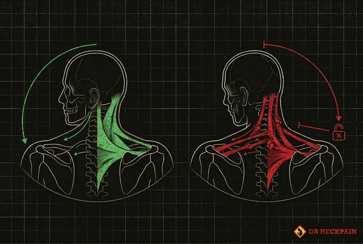 Top-down medical comparison of healthy neck rotation versus restricted motion caused by myofascial trigger points and taut bands in the trapezius and splenius muscles.