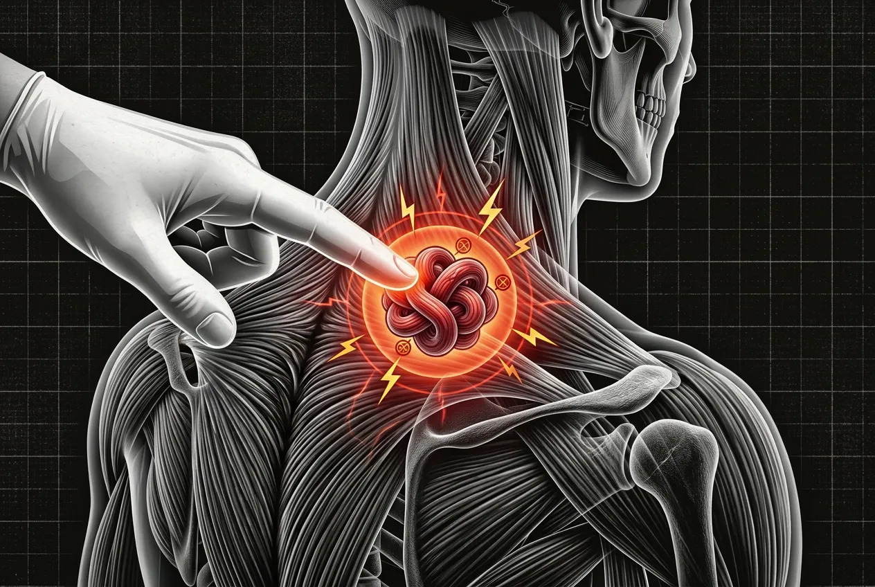 Clinical illustration of the Jump Sign test being performed on the upper trapezius muscle to identify an active myofascial trigger point.