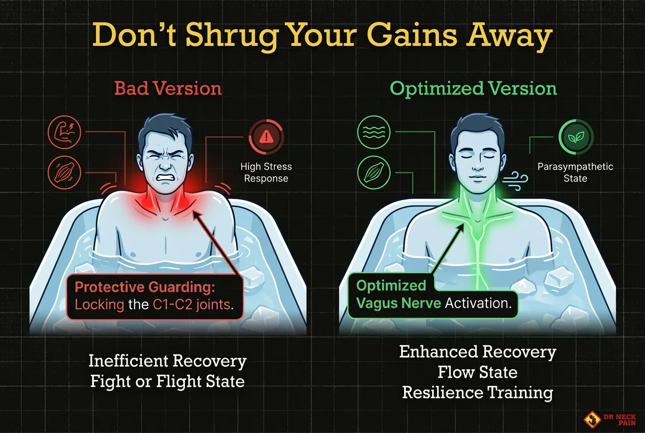 Illustration showing how to avoid the thermal shock shrug and protect the vagus nerve to achieve a parasympathetic state during an ice bath cold plunge. Singapore biohacking