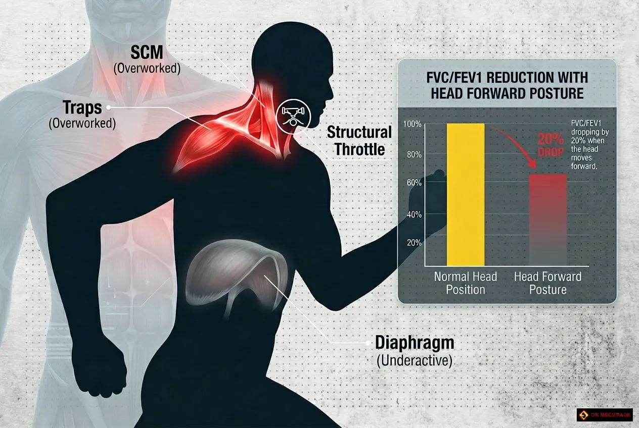 Diagram demonstrating how forward head posture acts as a structural throttle, overworking neck muscles and reducing lung capacity by 20 percent. Respiratory optimisation Singapore