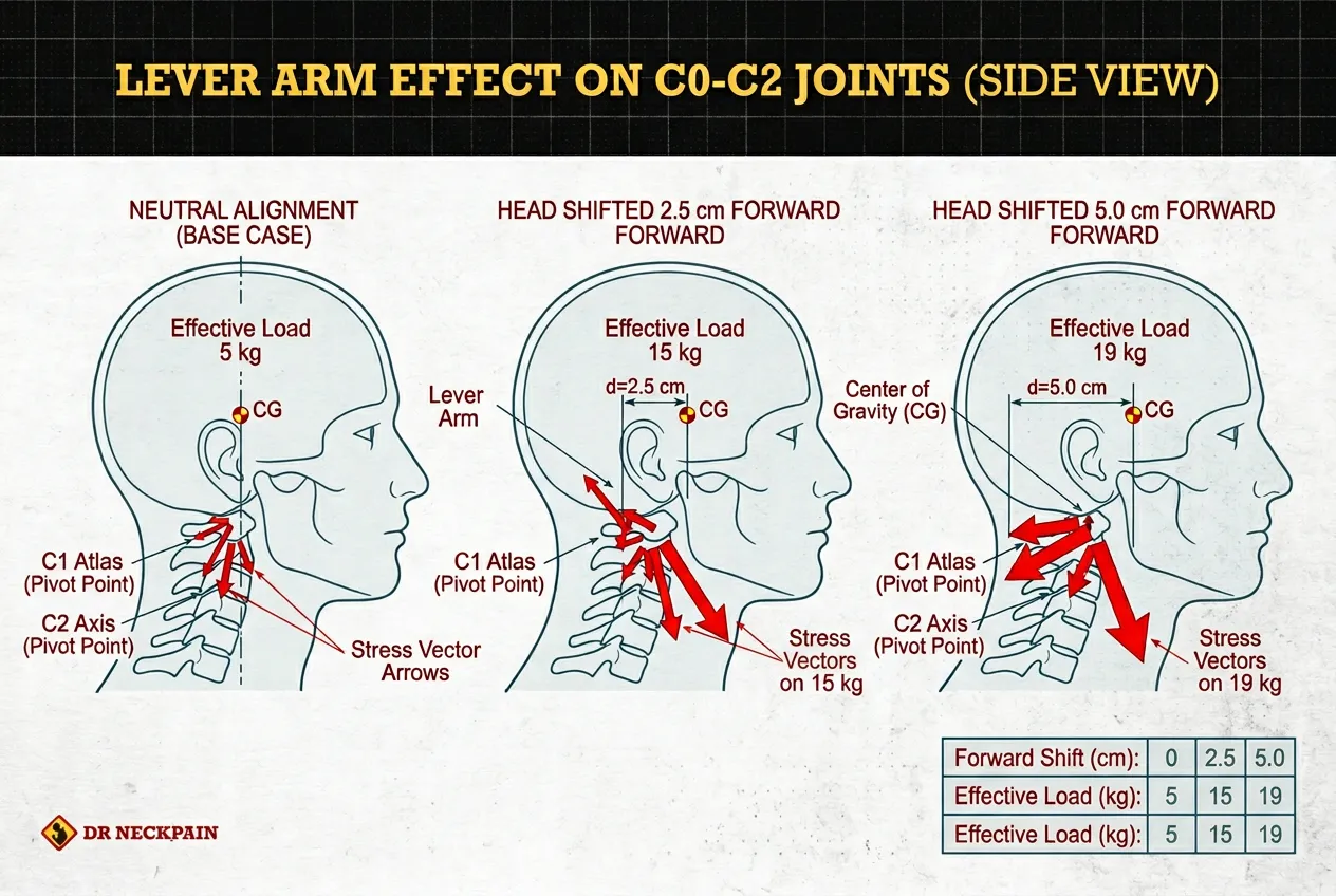 Side view diagram showing how a 5cm forward head posture shift increases the effective load on C0-C2 neck joints to 19kg. Tech neck treatment at Dr Neck Pain Singapore