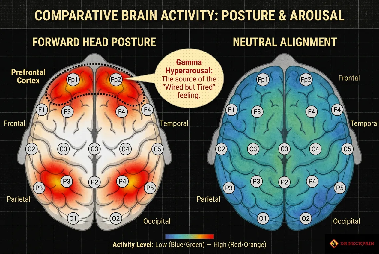 EEG brain scan comparison showing gamma wave hyperarousal and the wired but tired feeling caused by forward head posture versus calm neutral alignment. Sleep optimisation Singapore