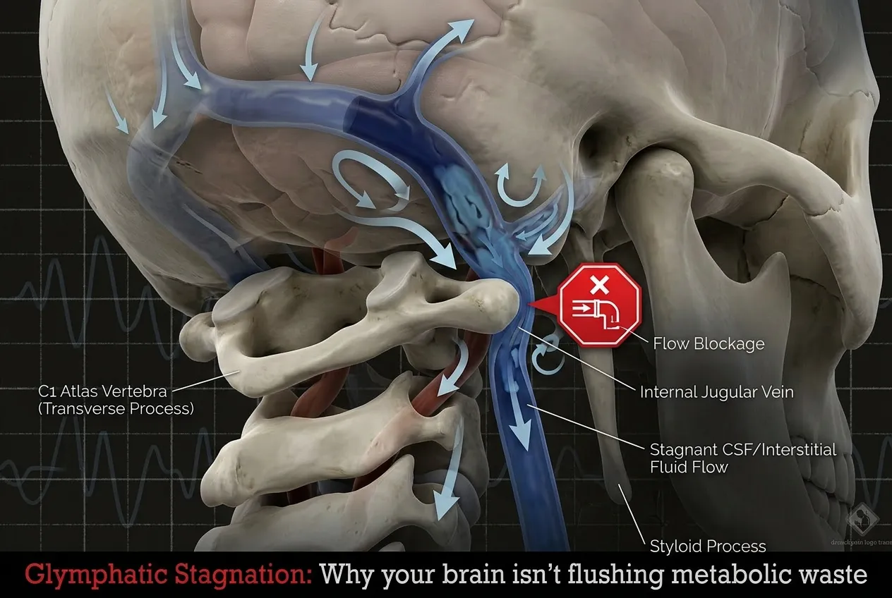 3D medical illustration of a misaligned C1 Atlas vertebra compressing the internal jugular vein, causing glymphatic stagnation and brain fog. Upper cervical specialist Singapore