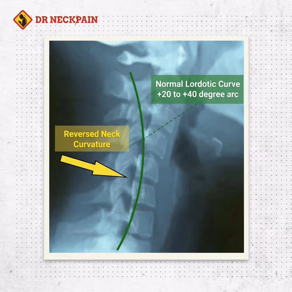 Lateral cervical spine X-ray comparing a reversed neck curvature to a healthy normal lordotic curve. Structural chiropractic assessment at Dr Neck Pain Singapore