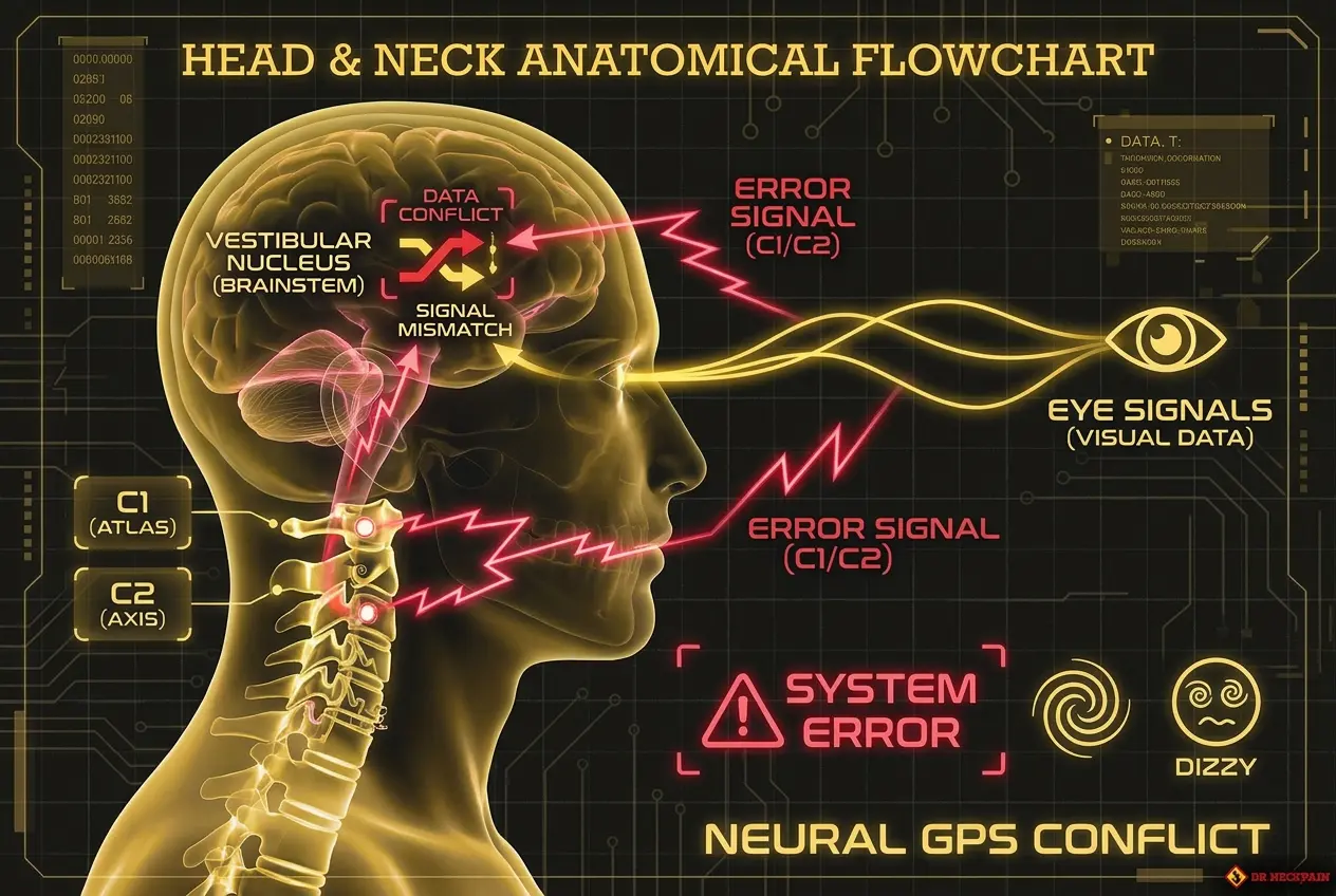 Head and neck anatomical flowchart demonstrating neural GPS conflict where a signal mismatch at the vestibular nucleus brainstem triggers cervicogenic vertigo symptoms