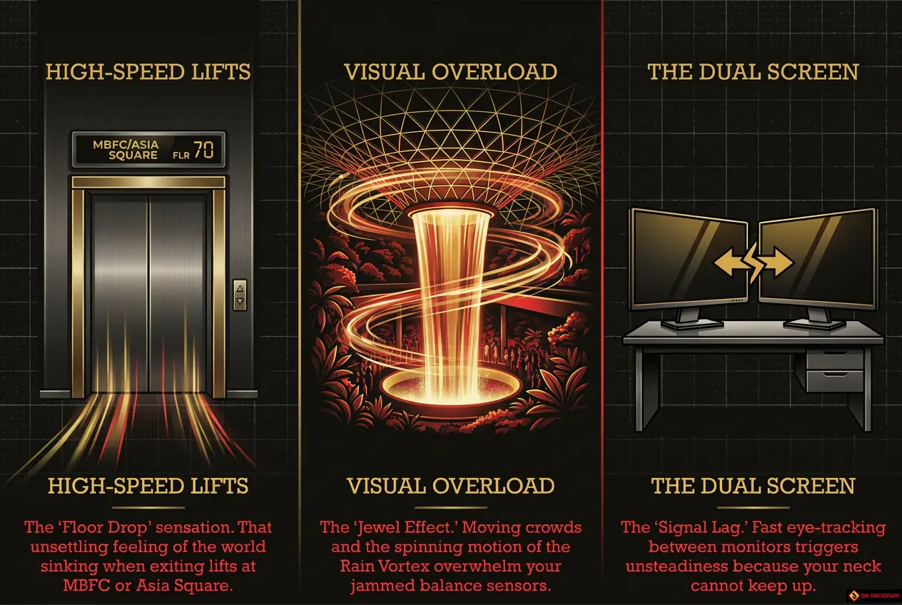  Infographic of corporate lifestyle vertigo triggers in Singapore detailing MBFC lift drop sensation and Jewel Changi visual overload, and screen switch lag at a CBD office desk