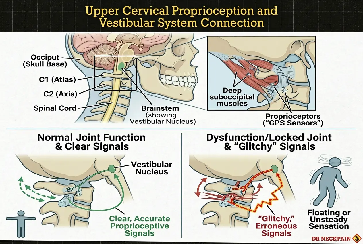Anatomical comparison between normal upper cervical spine joint function and a locked dysfunction sending glitchy erroneous signals to the vestibular nucleus, creating an unsteady floating sensation, drneckpain Singapore.