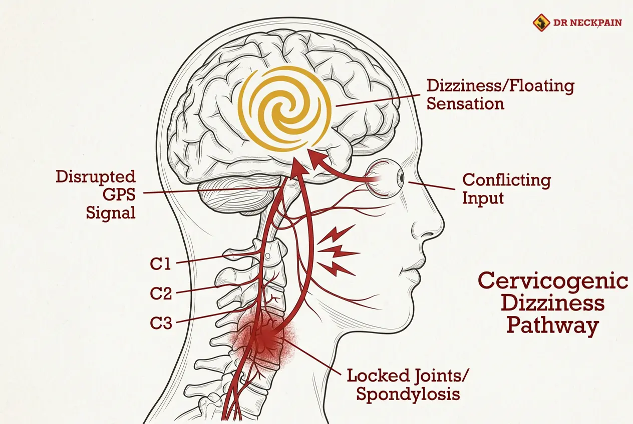 Medical infographic mapping the cervicogenic dizziness pathway, demonstrating how misaligned C1-C2 upper neck joints send faulty balance signals to the brain, causing vertigo and unsteadiness symptoms