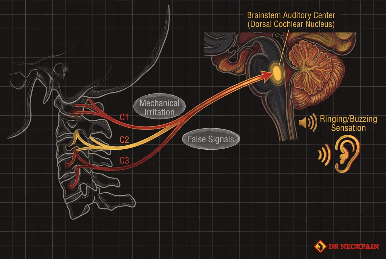 Stylized anatomical sketch showing how mechanical irritation of the C1, C2, and C3 cervical spinal nerves generates 'false signals' that travel directly to the Brainstem Auditory Center, causing a persistent ringing or buzzing sensation in the ear (cervicogenic tinnitus)