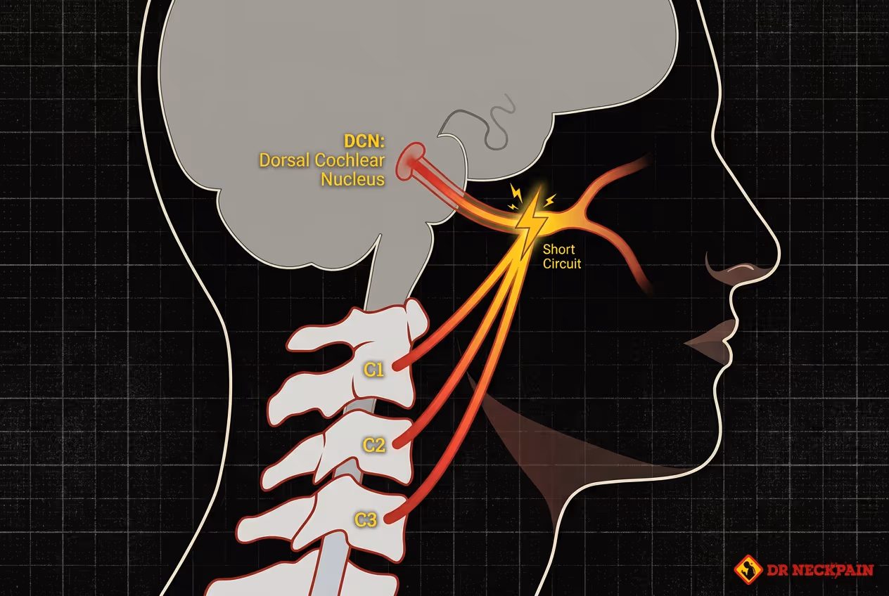 Medical diagram illustrating the connection between the cervical spine (C1-C3 vertebrae) and the Dorsal Cochlear Nucleus (DCN) in the brainstem, showing how neck nerve irritation causes a 'Short Circuit' resulting in ear ringing. This visual explains the somatic tinnitus link for patients in Singapore searching for neck-related tinnitus treatments