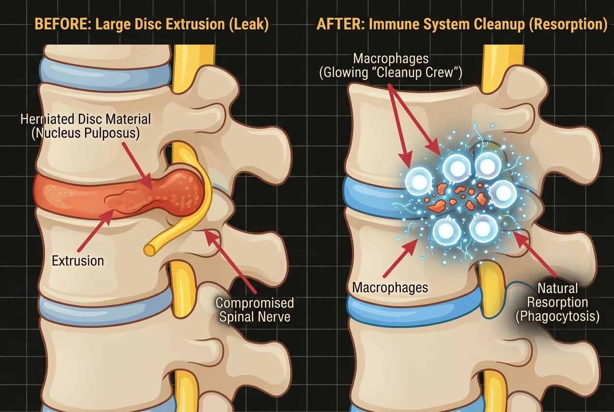 Medical diagram explaining natural disc extrusion resorption where immune system macrophages clear away leaked nucleus pulposus material through phagocytosis