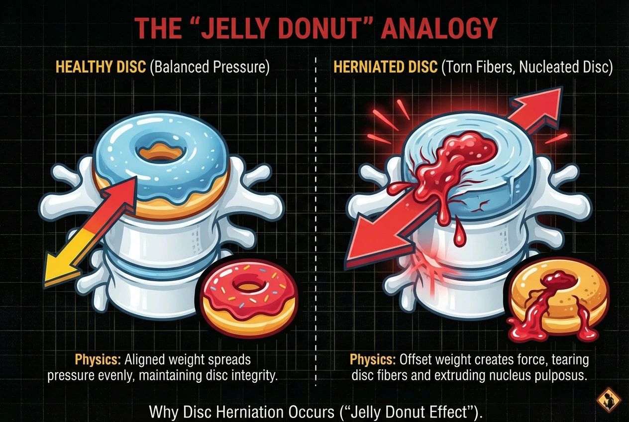 Anatomical medical illustration comparing a healthy spinal disc under balanced weight with a herniated disc using a jelly donut analogy to explain a slipped disc