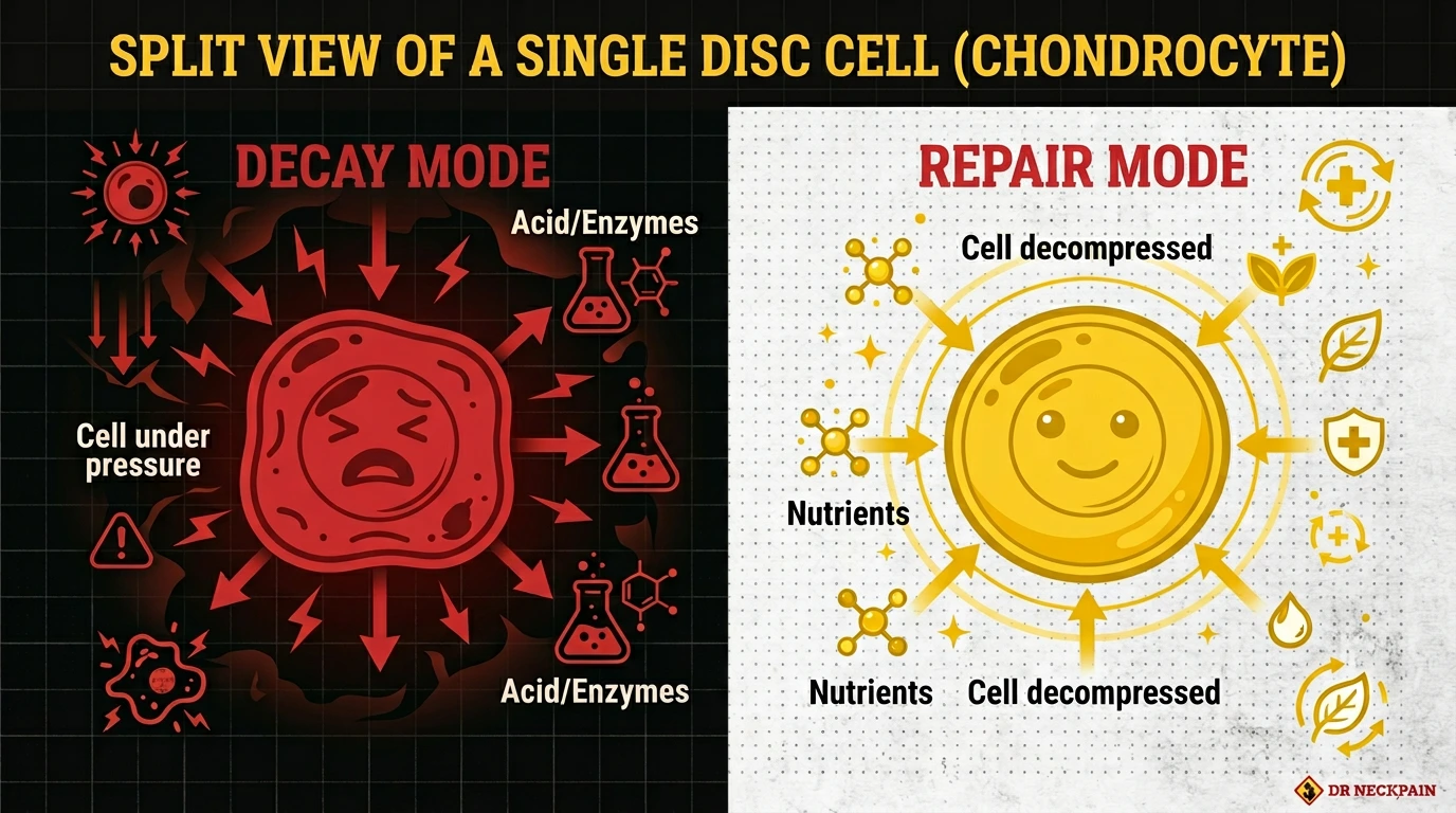 Infographic displaying a single spinal disc cell chondrocyte split view comparing a compressed decay mode with a decompressed nutrient-rich repair mode