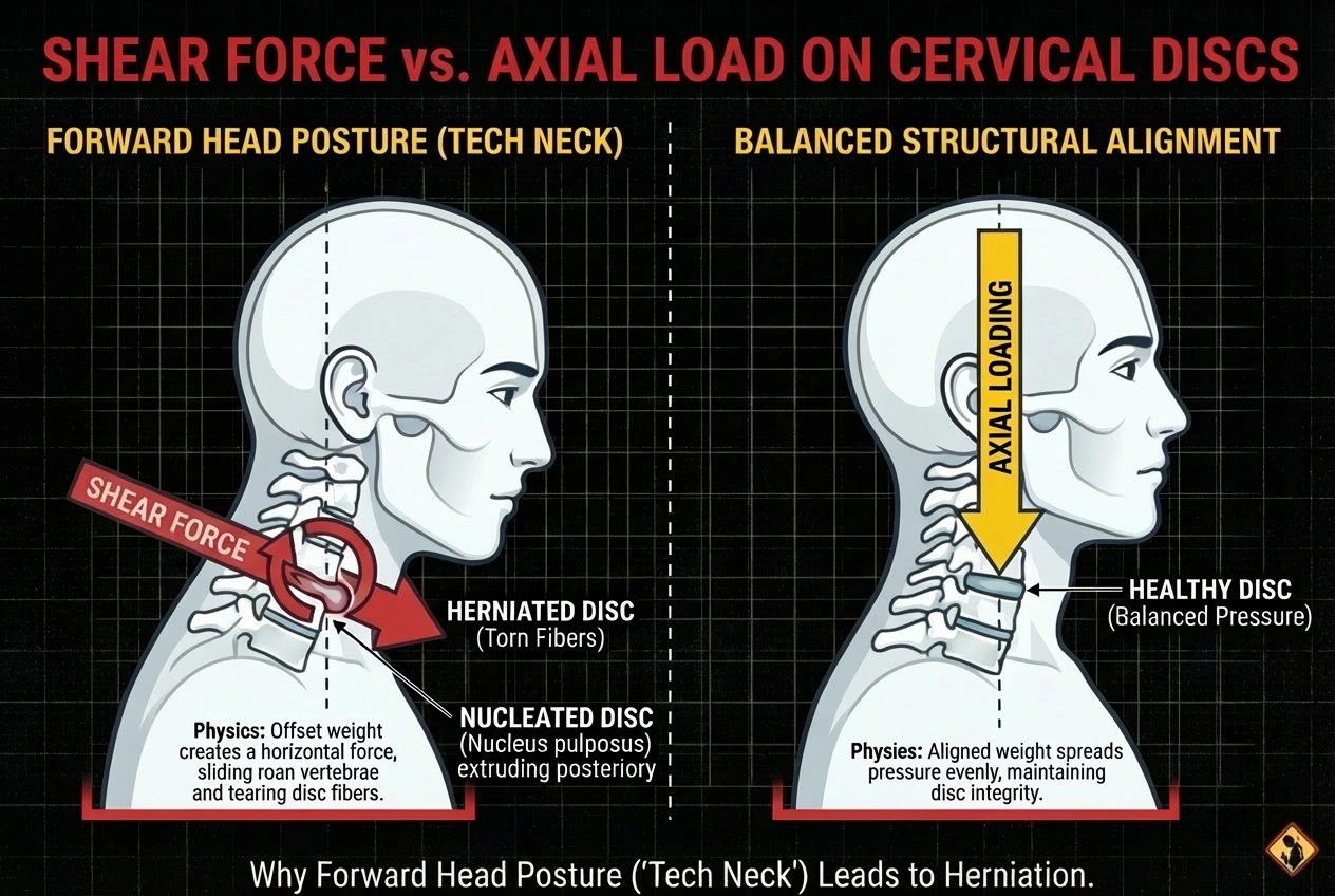 Biomechanical diagram comparing horizontal shear force on cervical discs during forward head posture with balanced vertical axial loading
