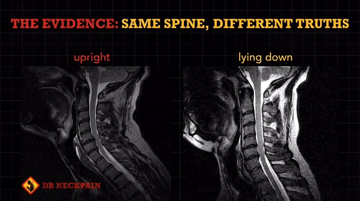 Cervical spine MRI comparison displaying identical neck anatomy under upright postural loading versus standard flat lying down clinical imaging conditions