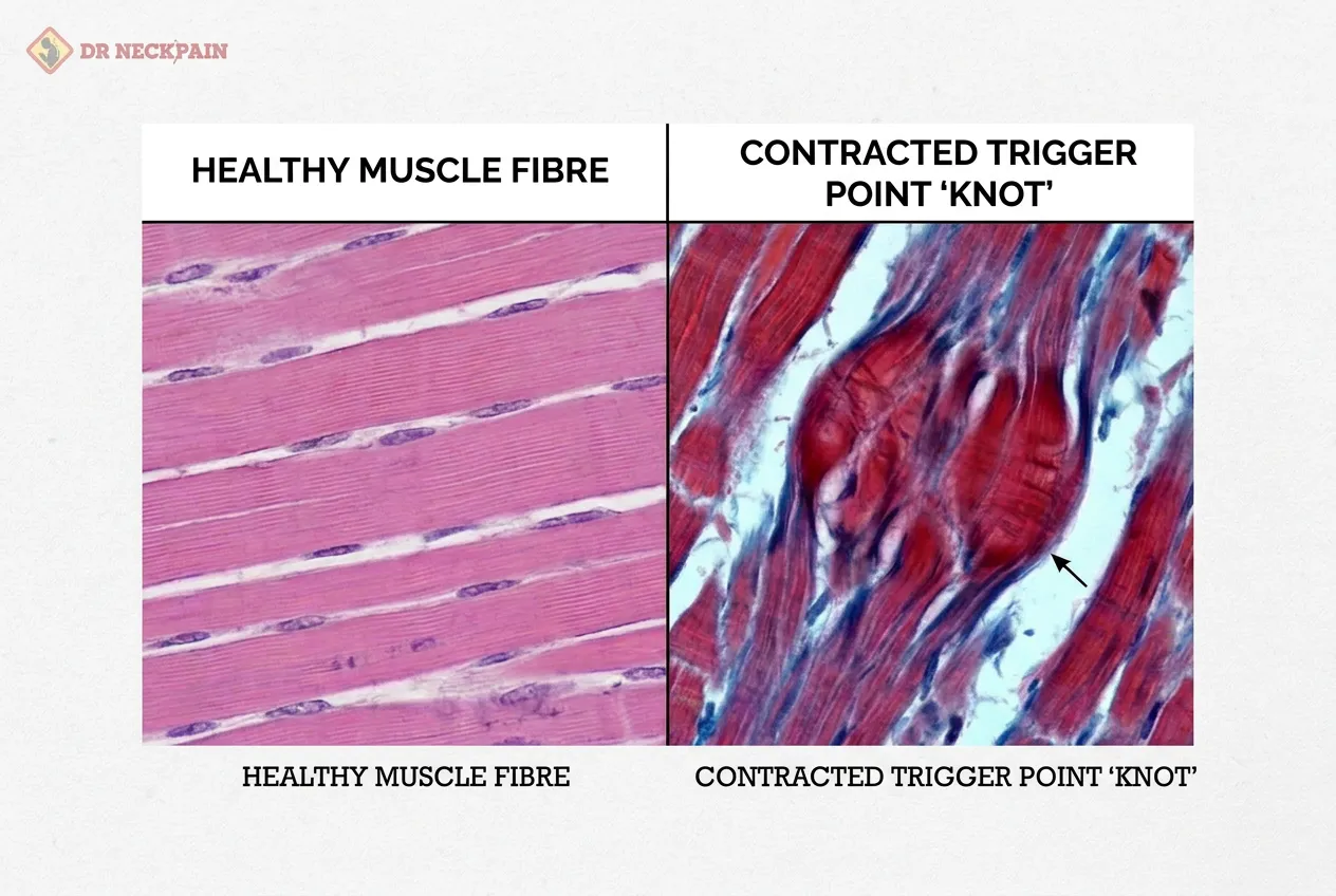Side-by-side microscopic tissue comparison showing parallel strands of a healthy muscle fibre on the left versus a localized, bulging contracted trigger point knot highlighted with an arrow on the right