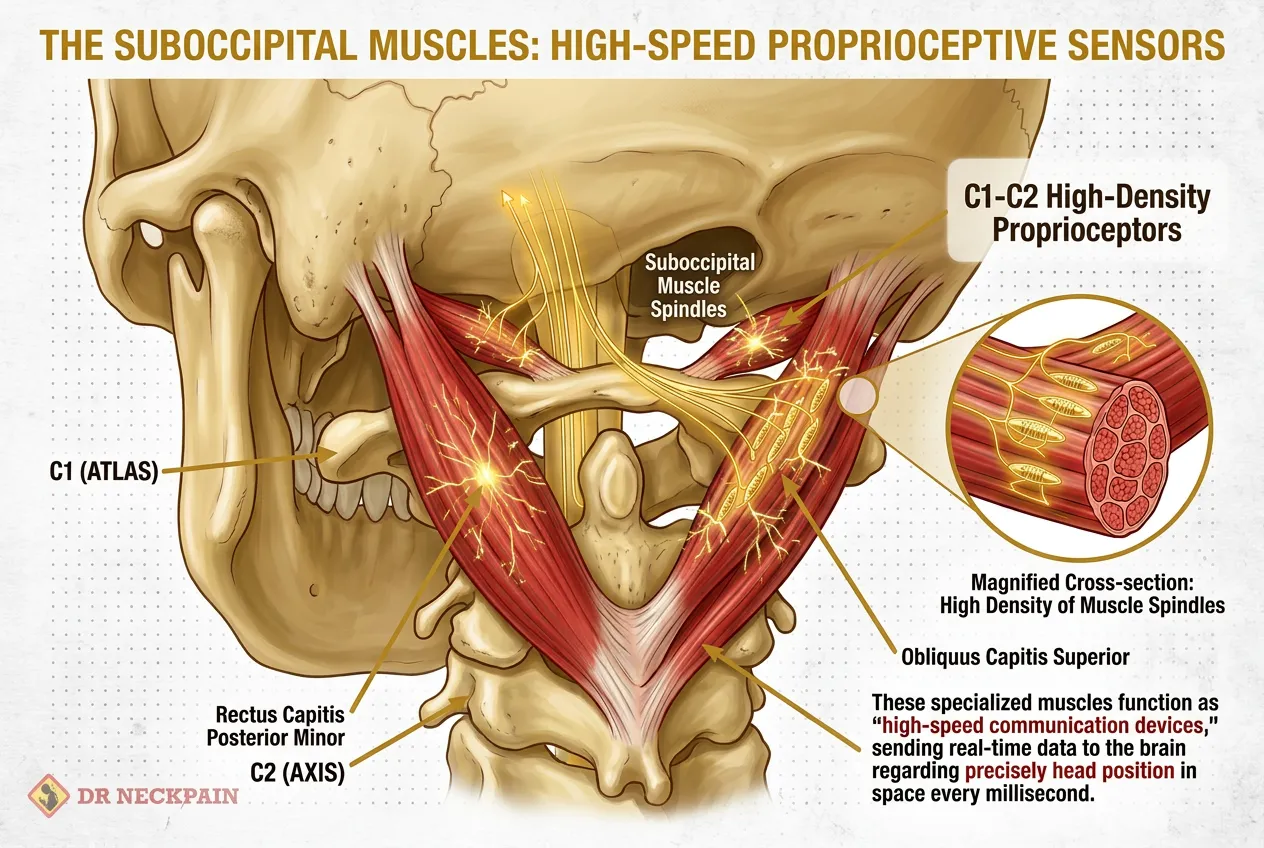 Medical diagram illustrating how locked upper neck joints (C1–C2) send disrupted proprioceptive GPS signals to the brain, conflicting with visual input and causing cervicogenic dizziness in Singapore office workers.