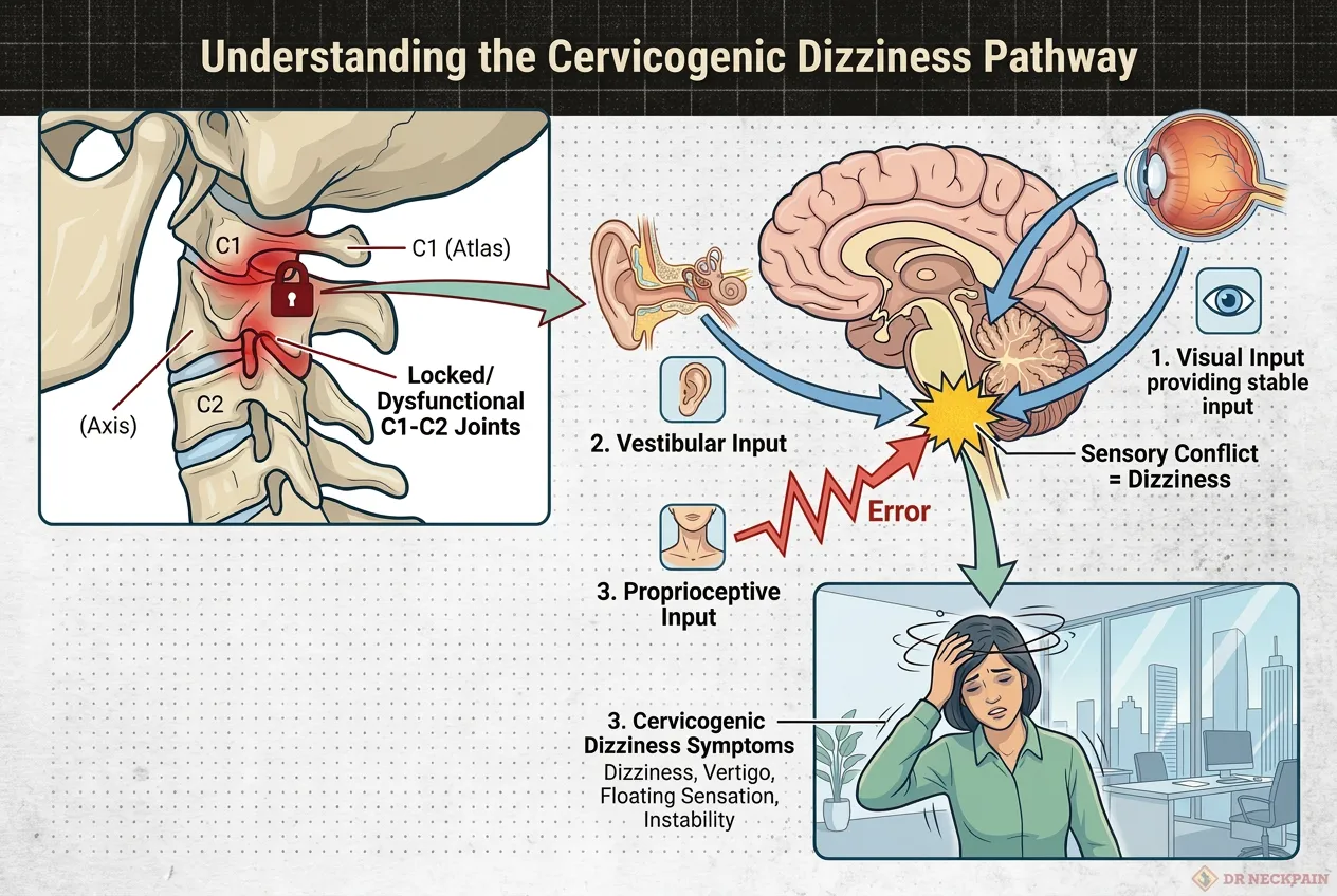 Medical diagram illustrating how locked upper neck joints (C1–C2) send disrupted proprioceptive GPS signals to the brain, conflicting with visual input and causing cervicogenic dizziness in Singapore office workers.